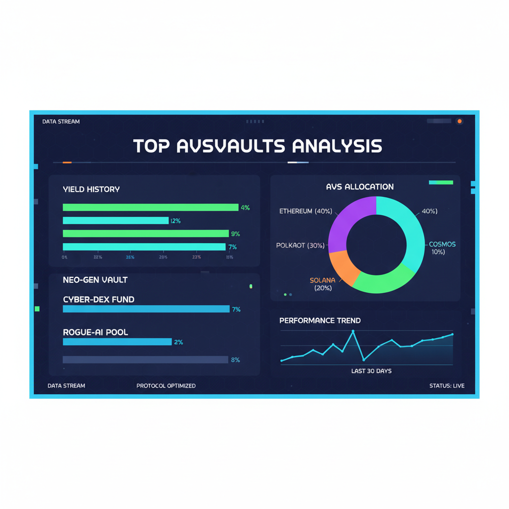 Dashboard screen analyzing top AVSVaults with charts of yields and AVS allocations, cyberpunk data viz