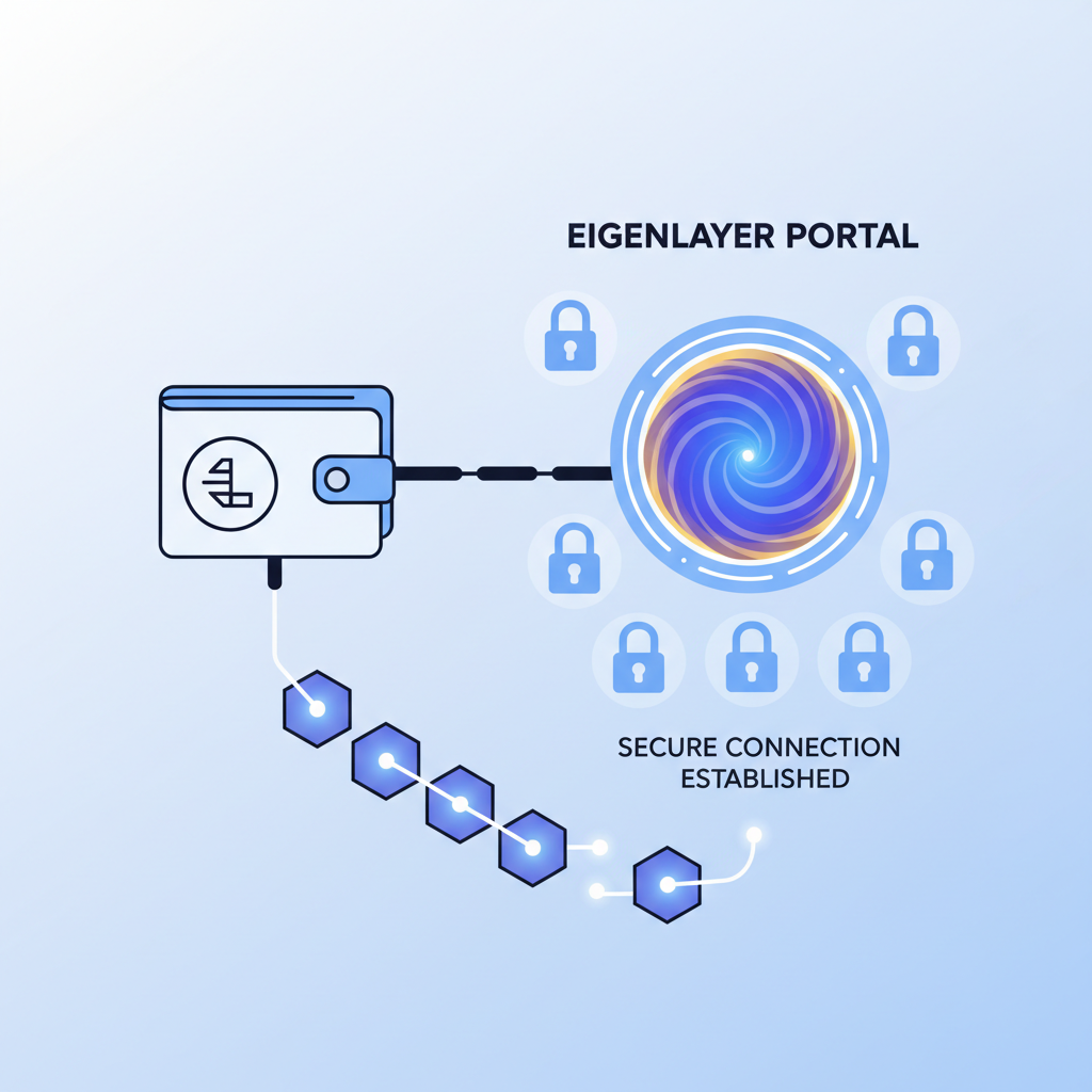 Wallet connecting to glowing EigenLayer portal, secure lock icons and blockchain links