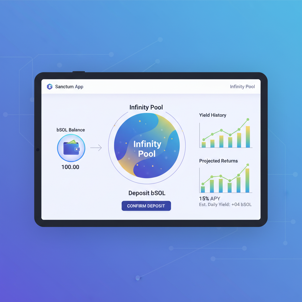 Sanctum app depositing bSOL into Infinity Pool interface, glowing yield charts