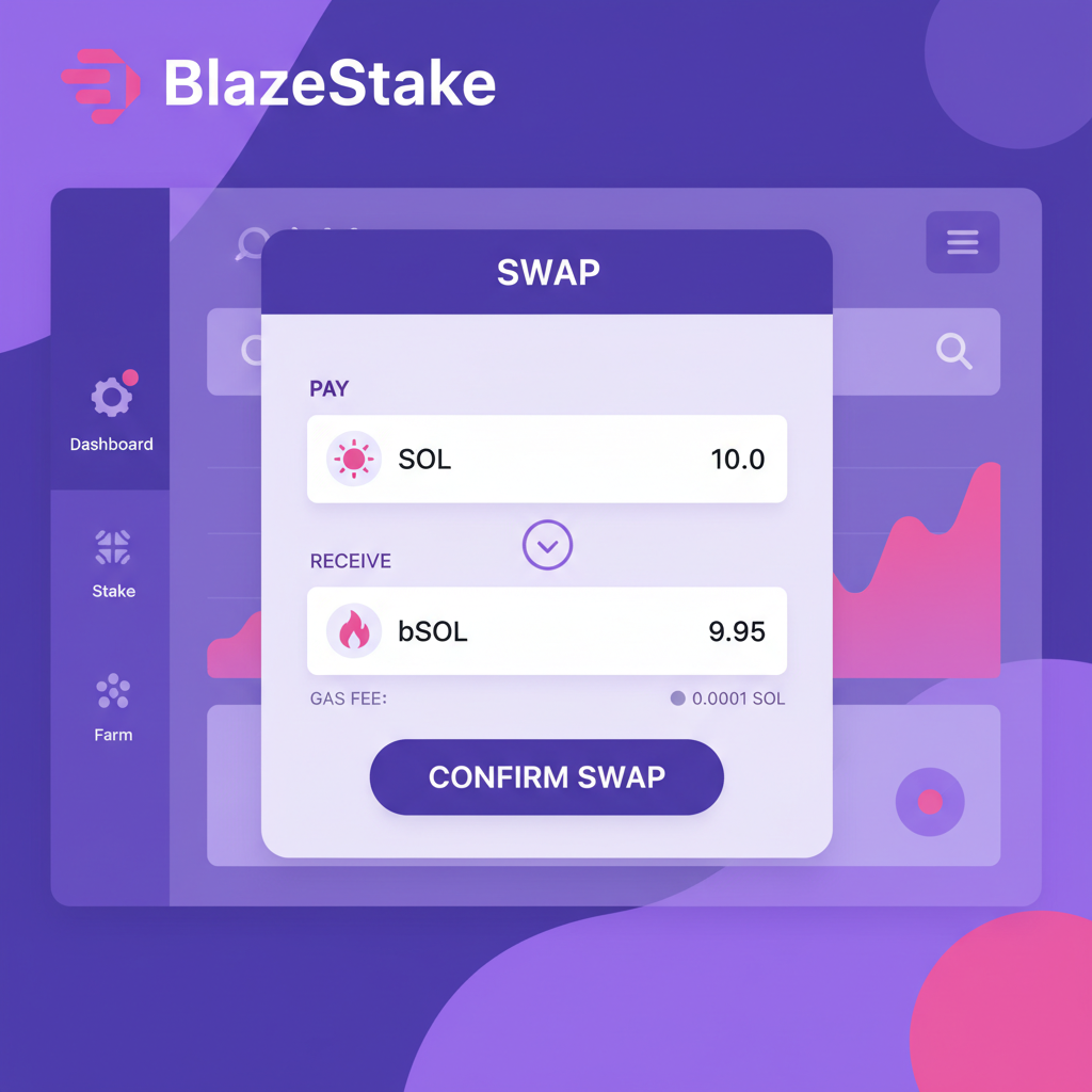 Solana wallet interface swapping SOL to bSOL on BlazeStake dashboard, vibrant purple tones