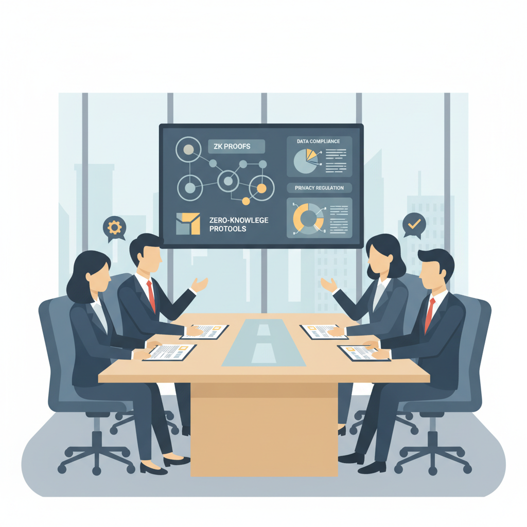 professional team in boardroom reviewing compliance documents and privacy regulations, formal attire, charts on zk proofs, modern office