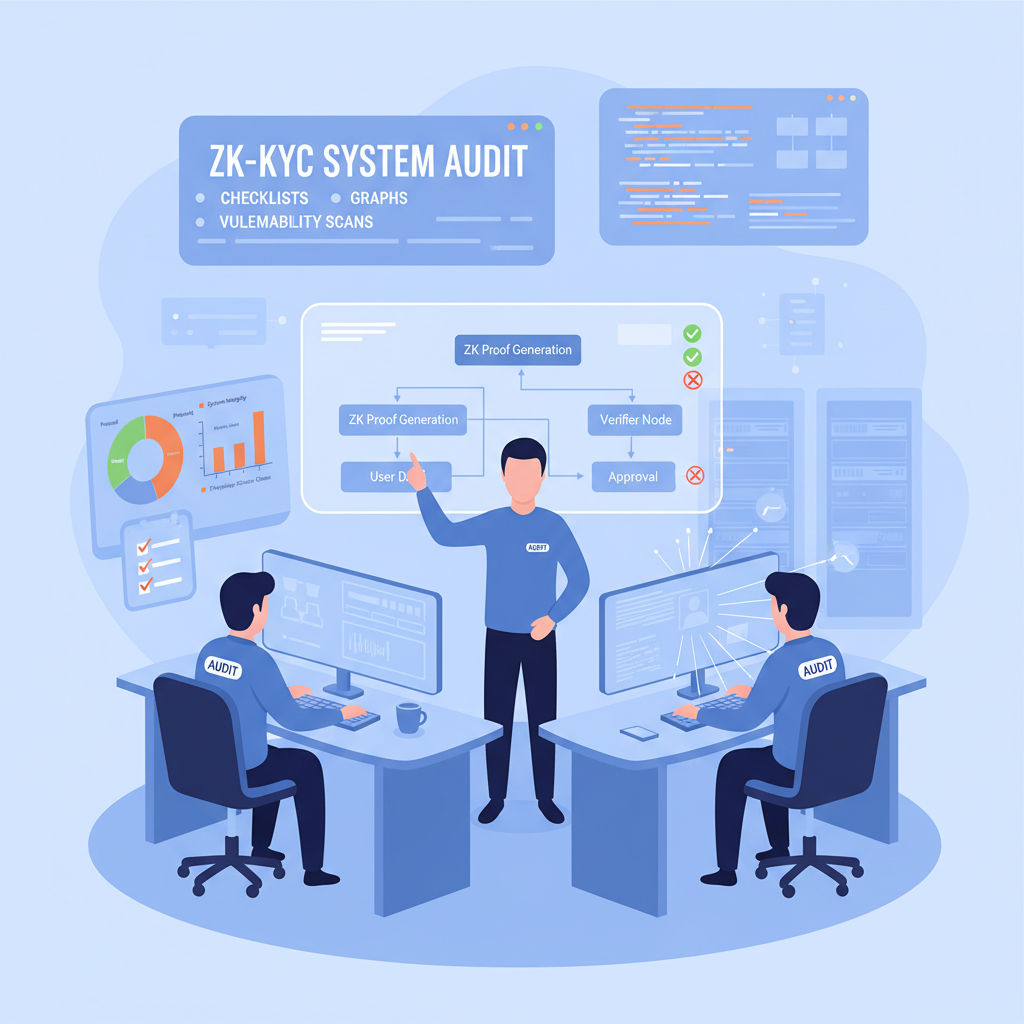 security audit team testing zk kyc system, checklists graphs vulnerability scans, professional control room