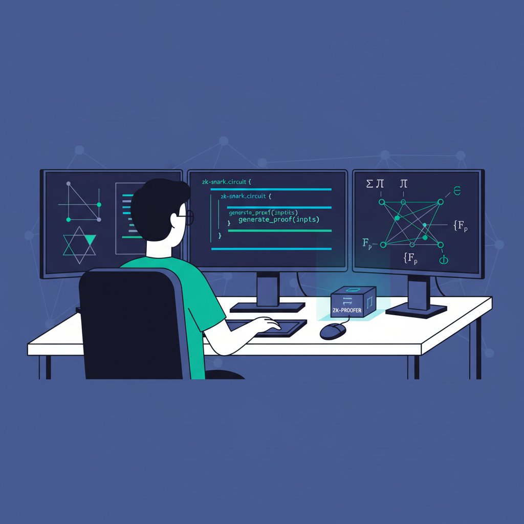 coder at desk building zk proof circuits, code snippets snark graphs math symbols, dark mode terminal