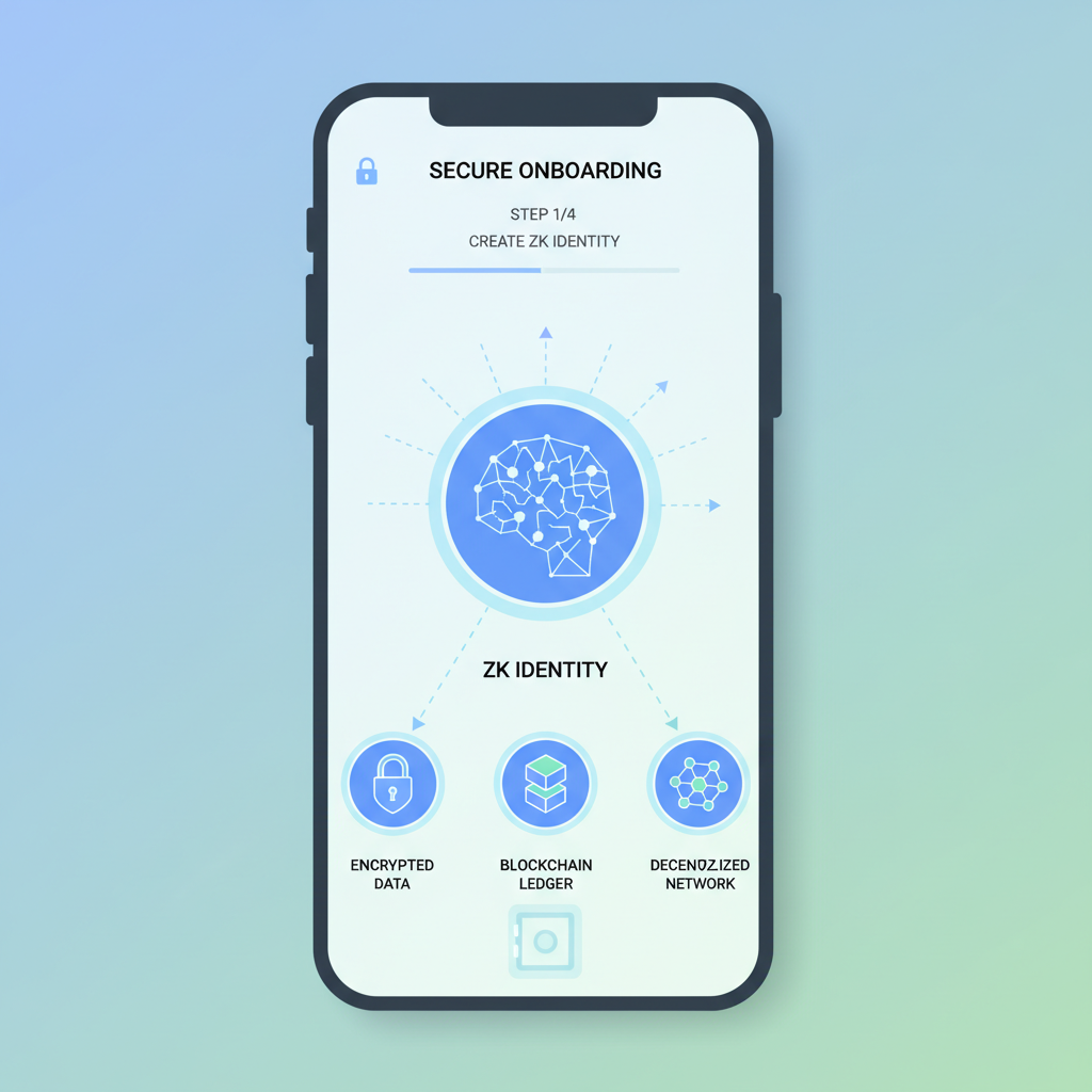 digital wallet app on smartphone generating zk identity, user onboarding flow, secure icons locks blockchain nodes