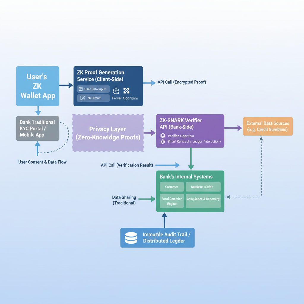 system architecture diagram integrating zk wallet into bank KYC flow, arrows APIs databases privacy layers
