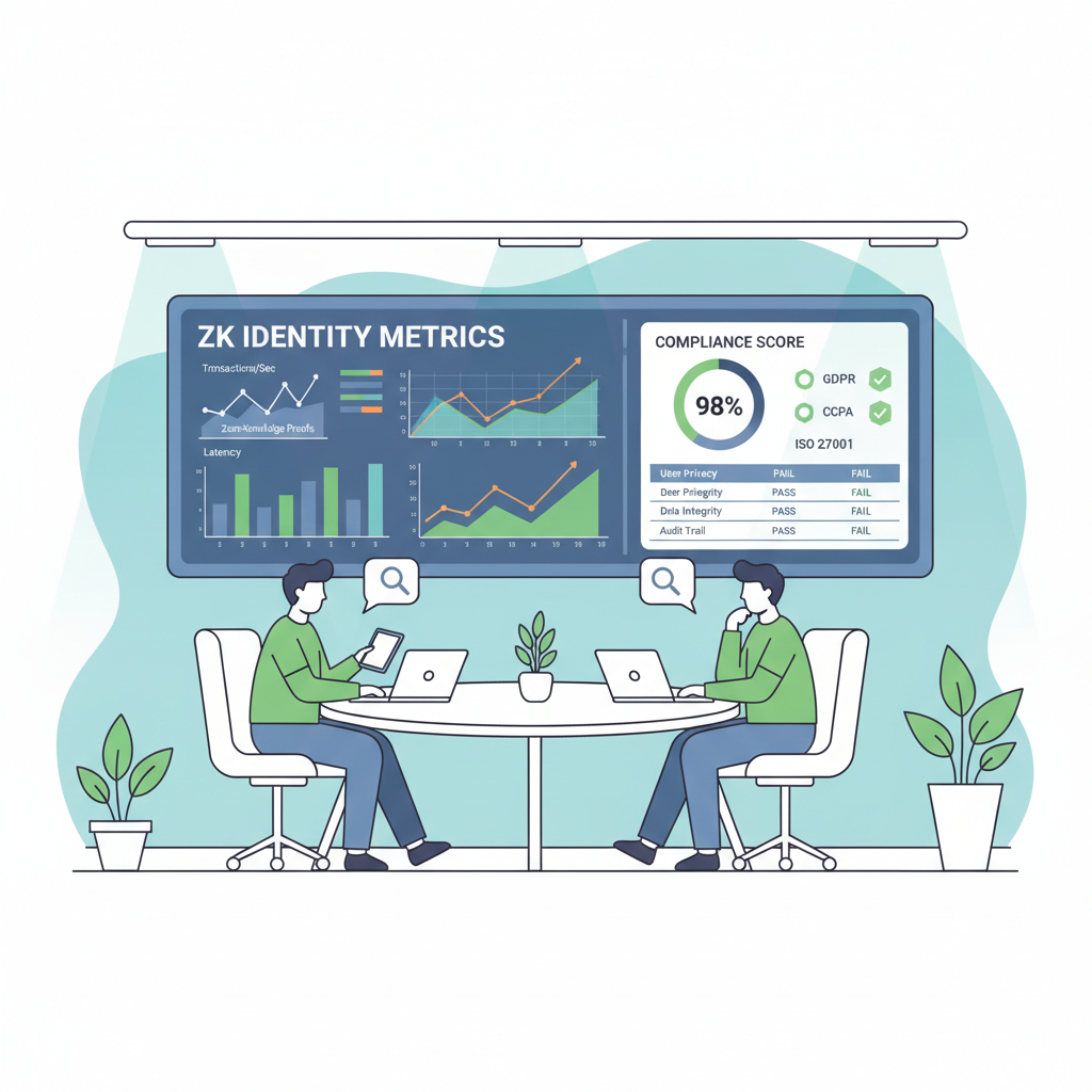 dashboard monitoring zk identity metrics graphs compliance scores, analysts reviewing data, modern analytics room