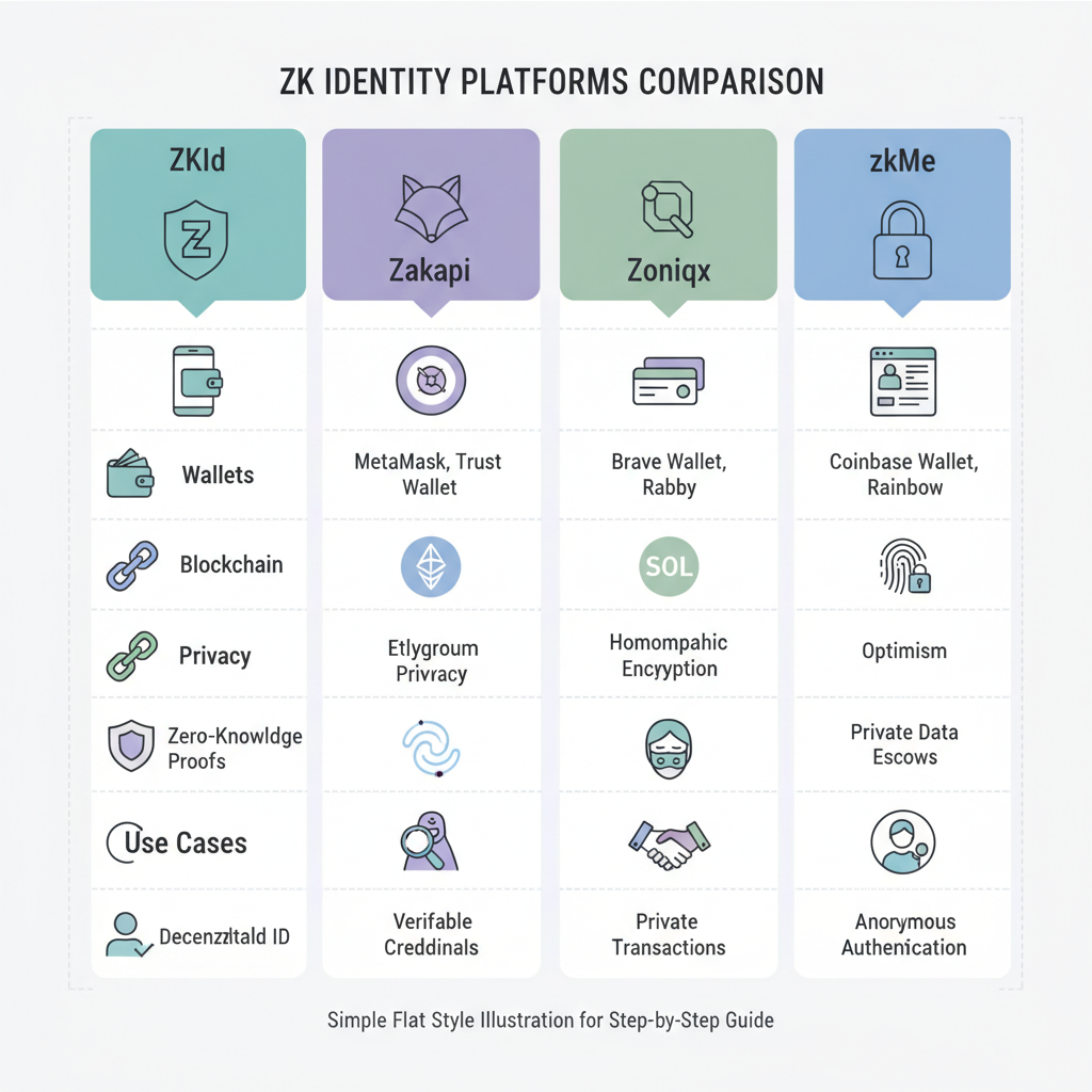 comparison chart of zk identity platforms like ZKId Zakapi Zoniqx zkMe, icons wallets blockchain privacy shields, professional infographic
