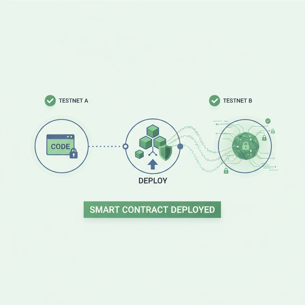 smart contract deployment on blockchain testnet, encrypted nodes connecting, green deployment icons