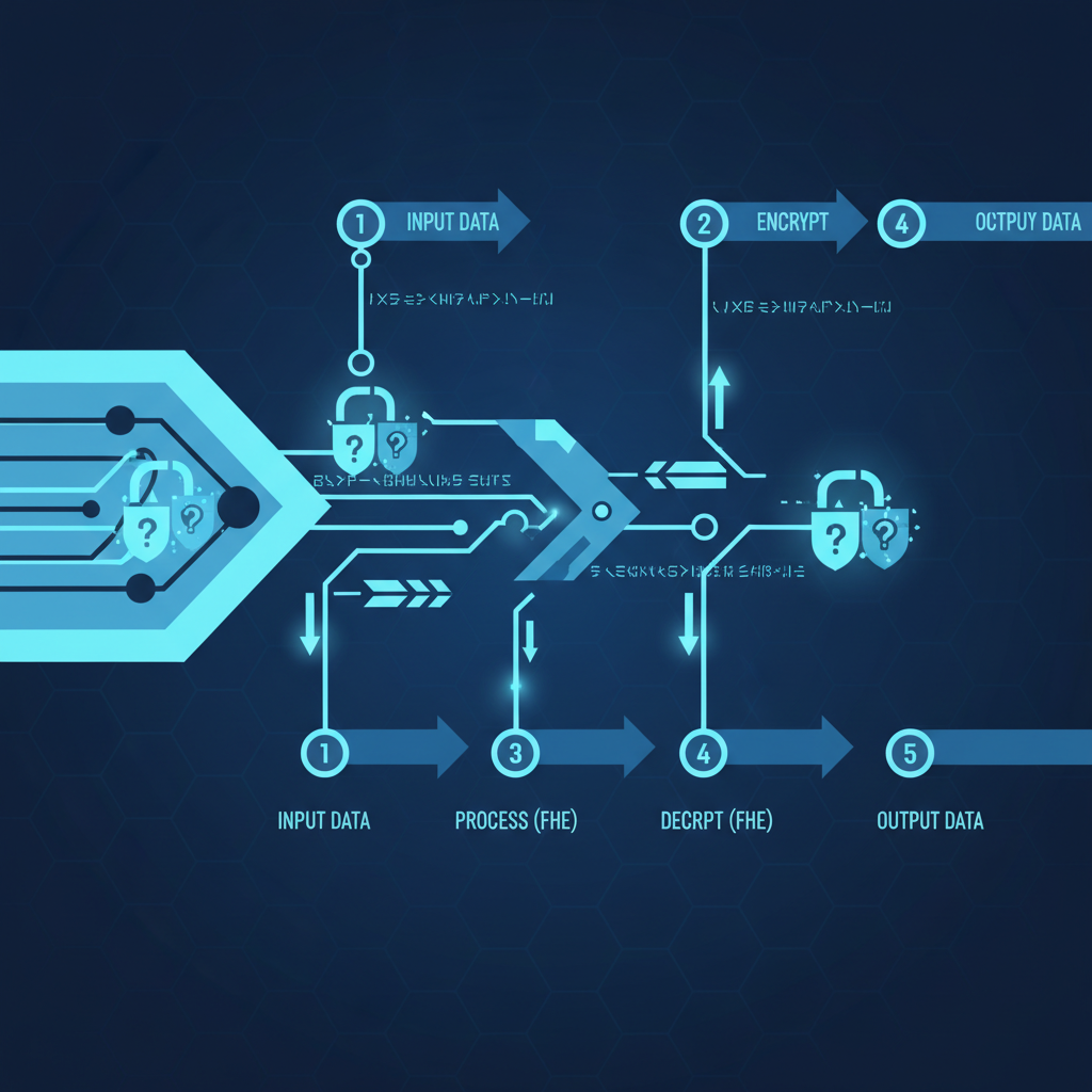 futuristic circuit diagram with encrypted data flows and FHE symbols, blue tones, technical illustration