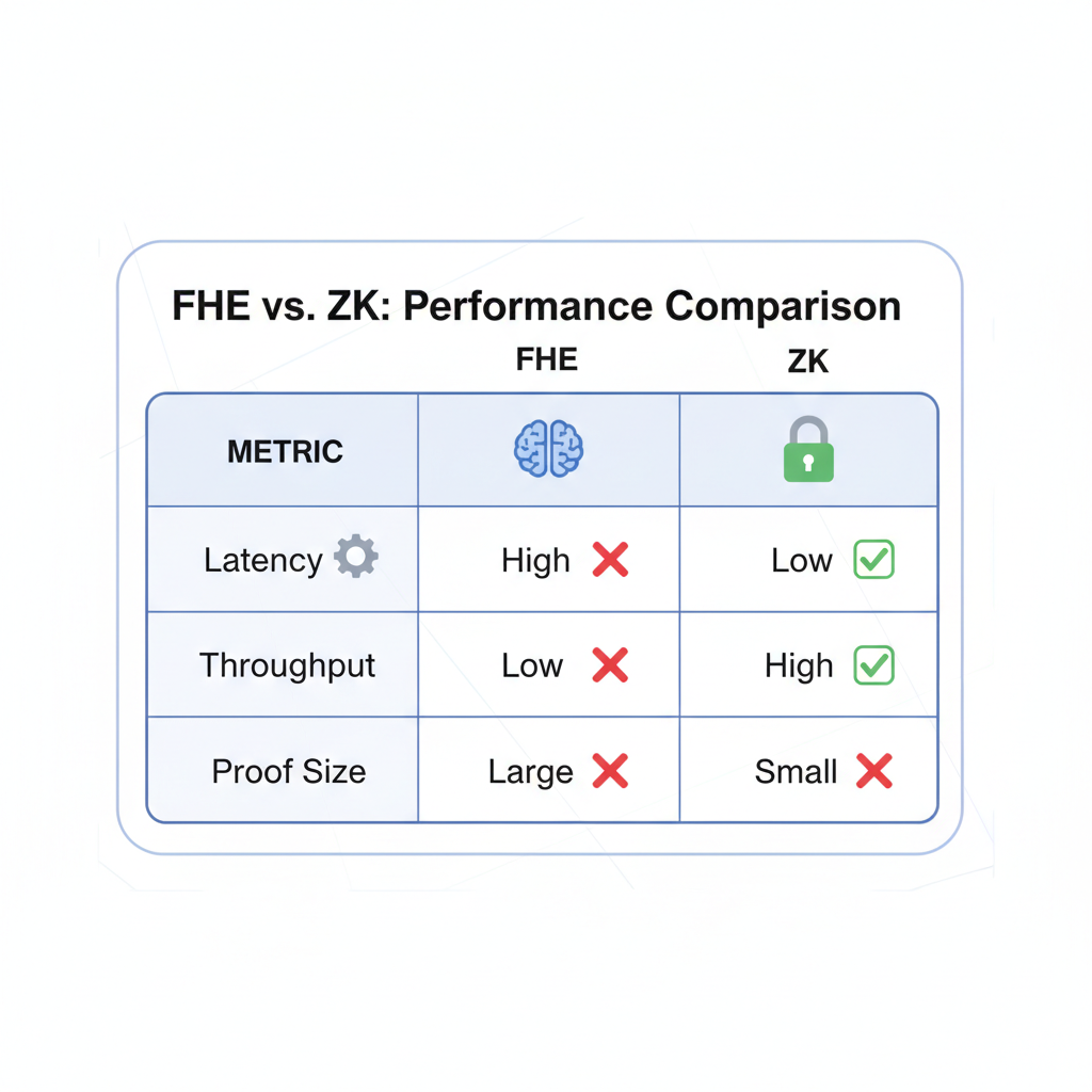 comparison table chart of FHE ZK performance metrics with emojis, clean infographic style