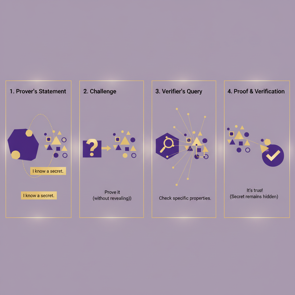zero-knowledge proof generation process, abstract geometric shapes proving computation, purple and gold hues