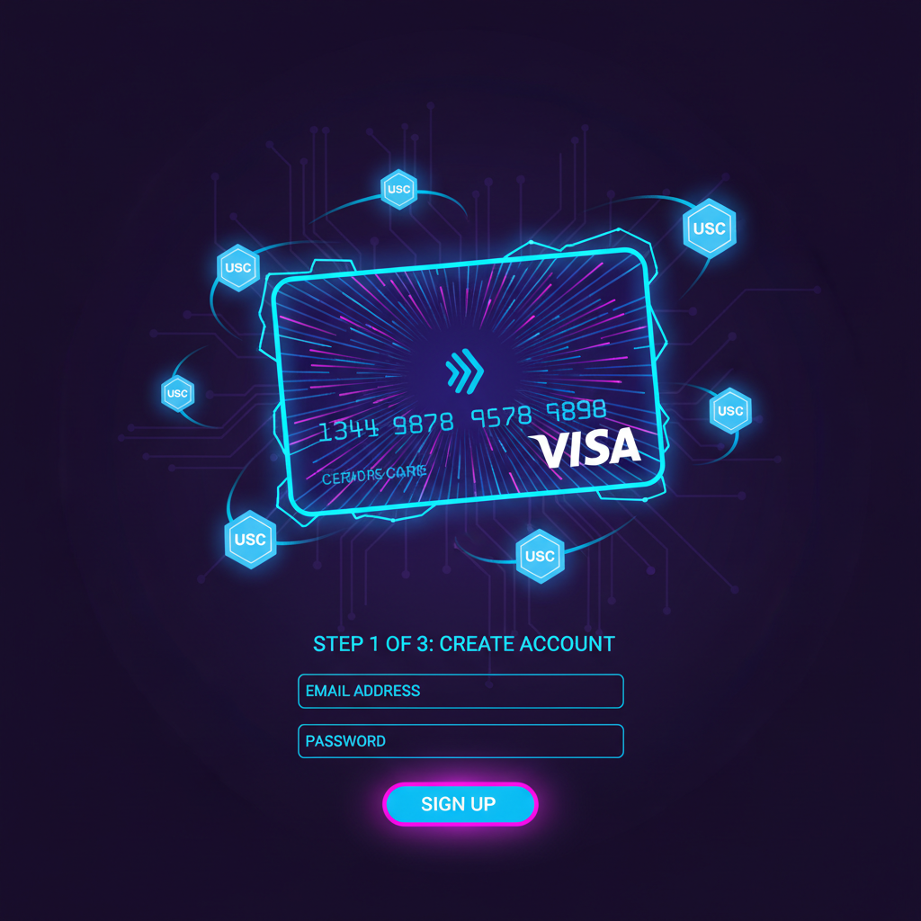 futuristic virtual Visa card glowing with USDC icons, app signup screen, vibrant neon blues, cyberpunk style