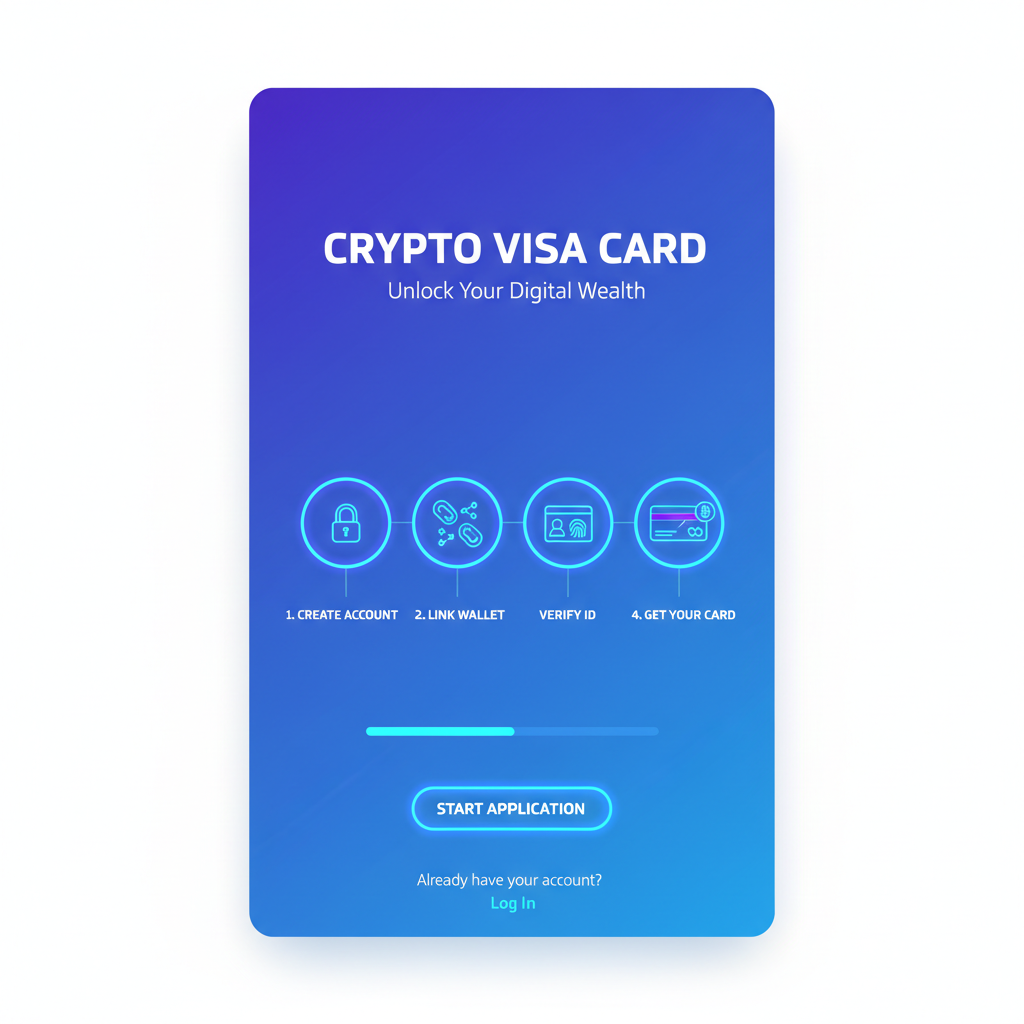 sleek mobile app signup screen for crypto visa card, futuristic UI, neon blues, 2026 style