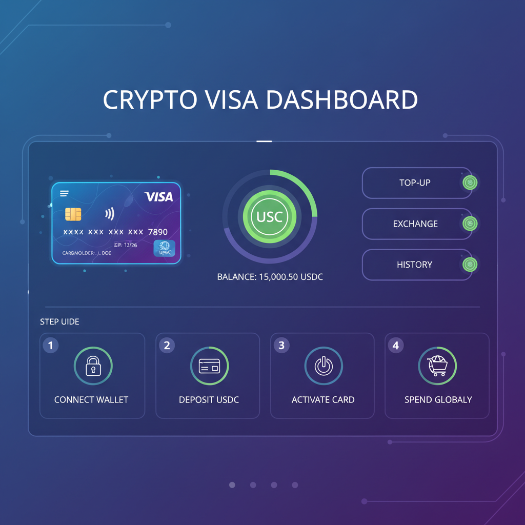 futuristic crypto visa card providers dashboard, neon USDC icons, sleek app interface, high-tech 2026 vibe