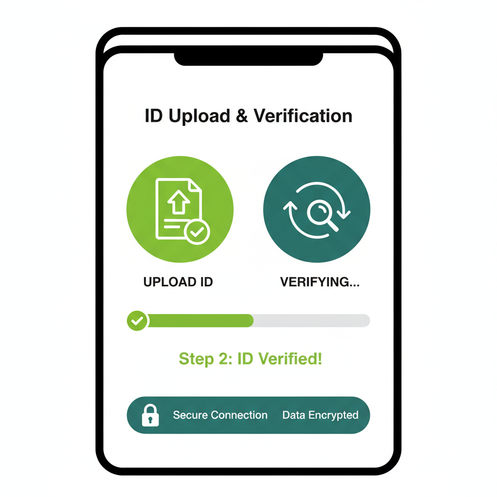smartphone screen showing ID upload and verification checkmark, secure lock icons, energetic green tones