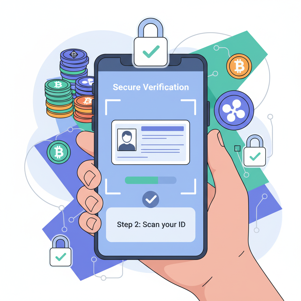 user scanning ID on mobile app for KYC verification, crypto wallet background, secure lock icons