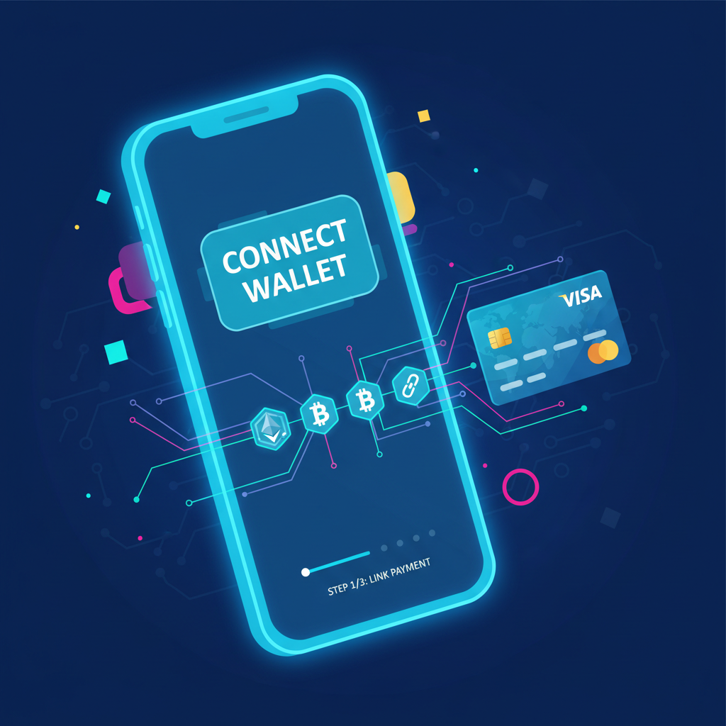 wallet connection interface on phone, blockchain icons linking to visa card, vibrant digital glow
