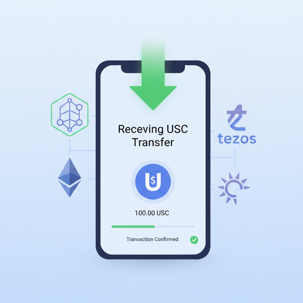 digital wallet receiving USDC transfer, blockchain network icons, glowing green transaction arrow
