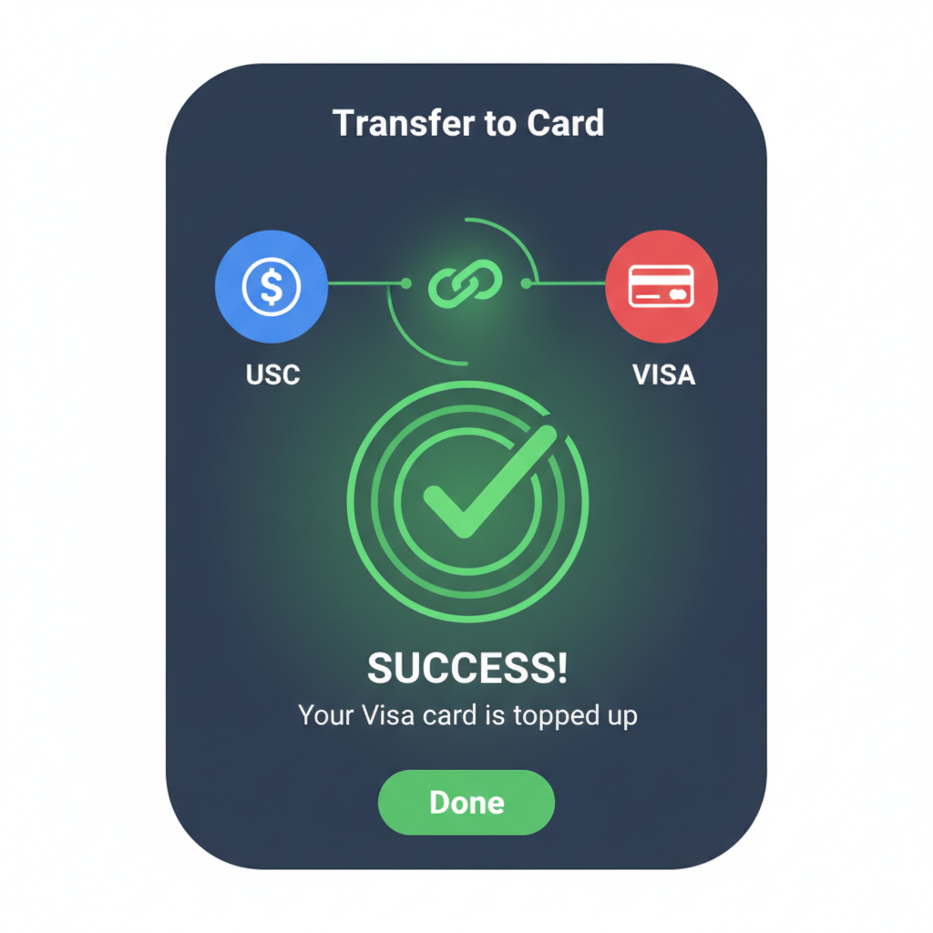 app screen showing USDC transfer to visa card top-up, onchain animation, green success glow