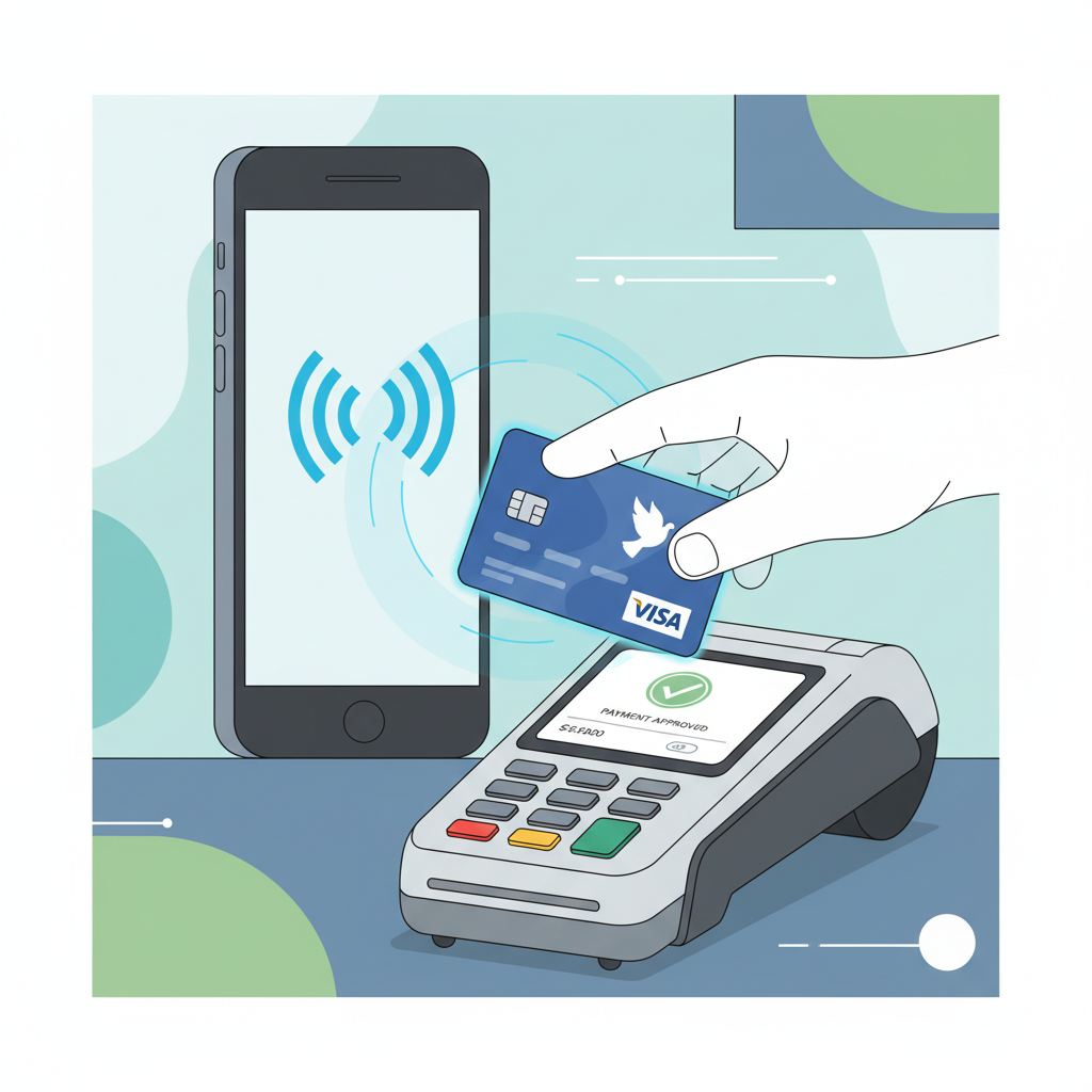 phone tapping visa card at store terminal, NFC glow, futuristic merchant scene, contactless payment