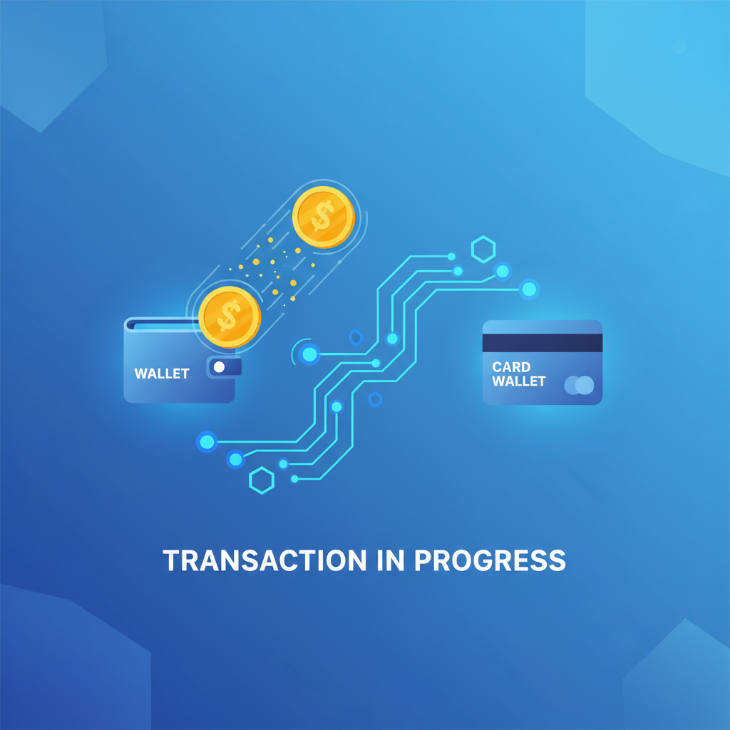 USDC coins flying onchain from wallet to card wallet, blockchain network visualization, dynamic motion blur, golden sparks