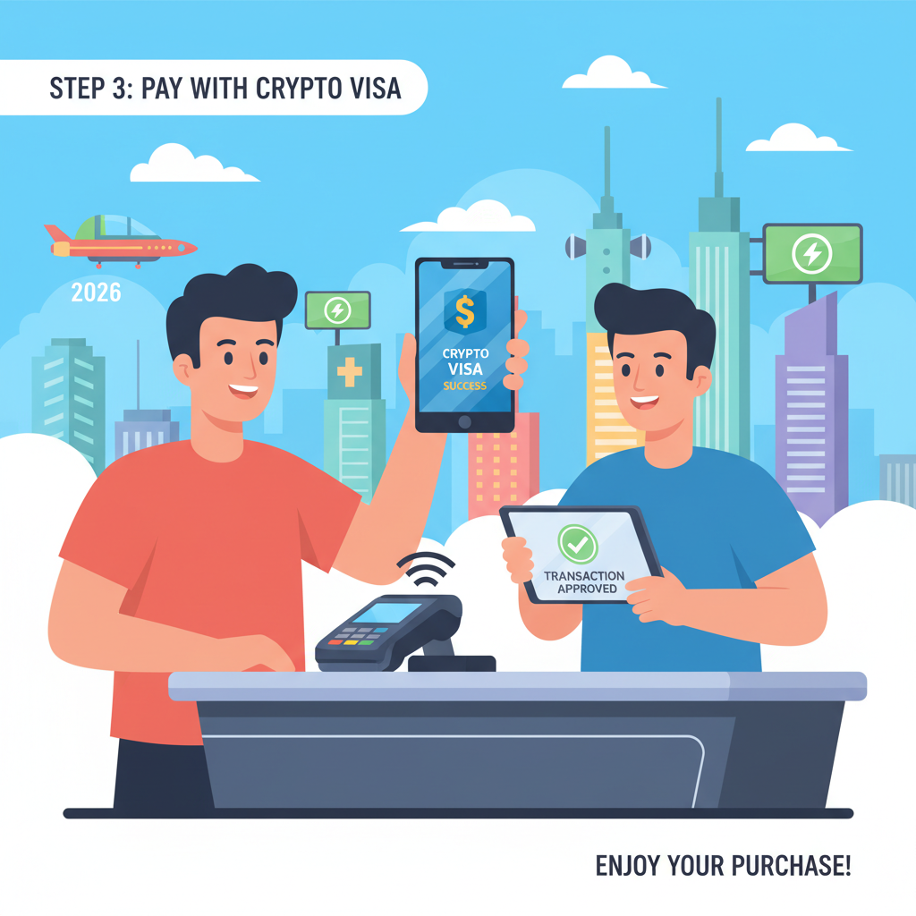 person using phone to pay at merchant counter, happy shopper, crypto visa success, 2026 vibrant city