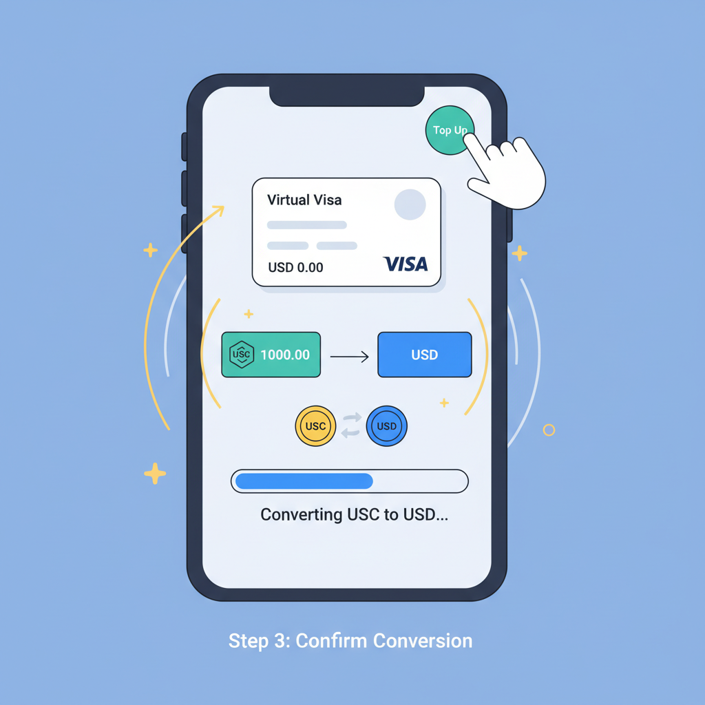 app screen tapping top-up button, USDC converting to USD on virtual Visa, progress bar filling, energetic animations
