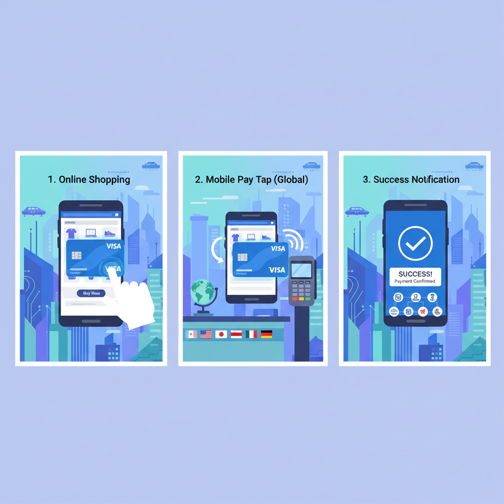 virtual Visa card used for online shopping, mobile pay tap, global merchants, success notifications, futuristic city backdrop