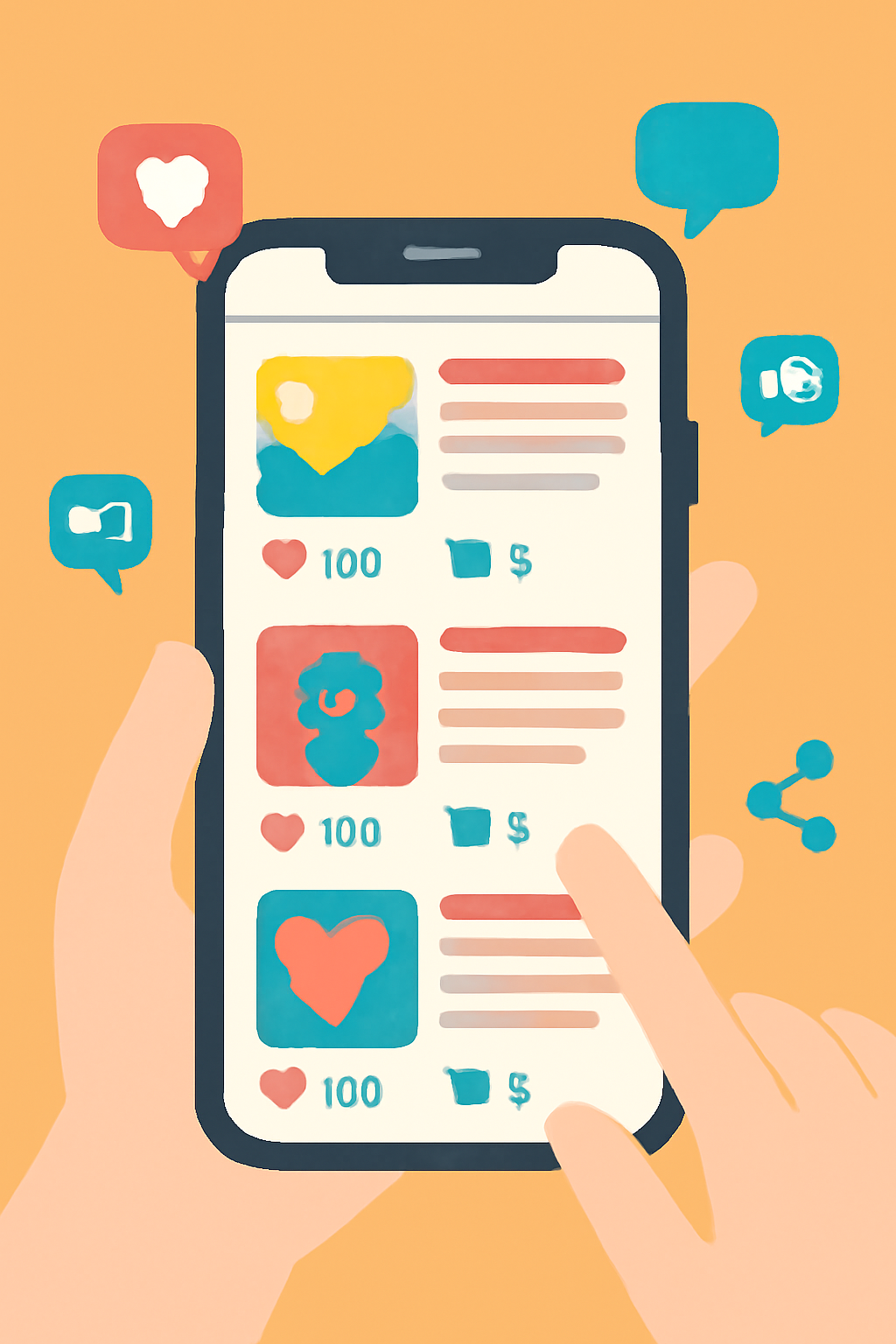 A vibrant social feed on a mobile device, with posts receiving likes, comments, and shares from an active community.
