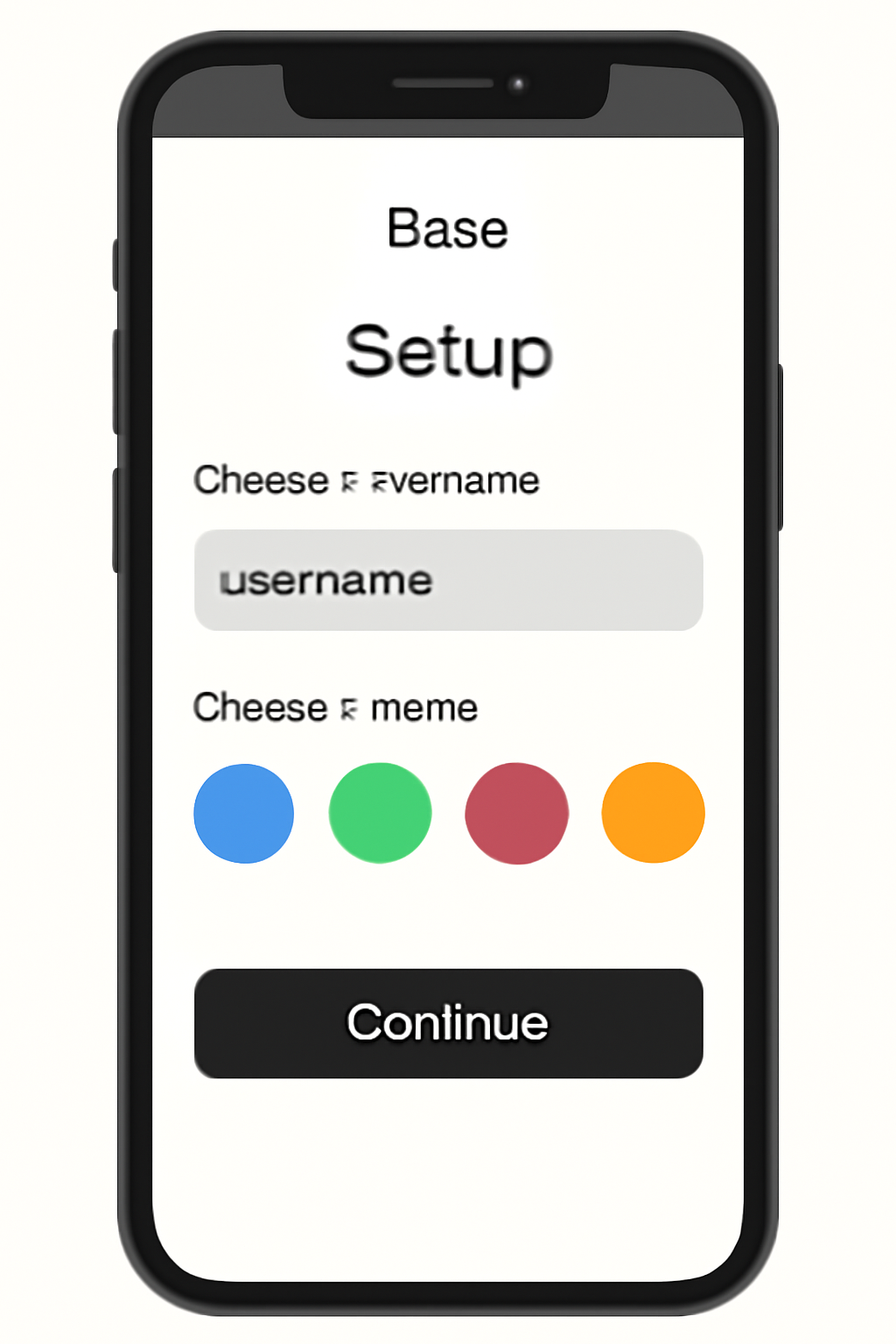 A smartphone displaying the Base App setup screen with options to choose a username and select a colorful theme.