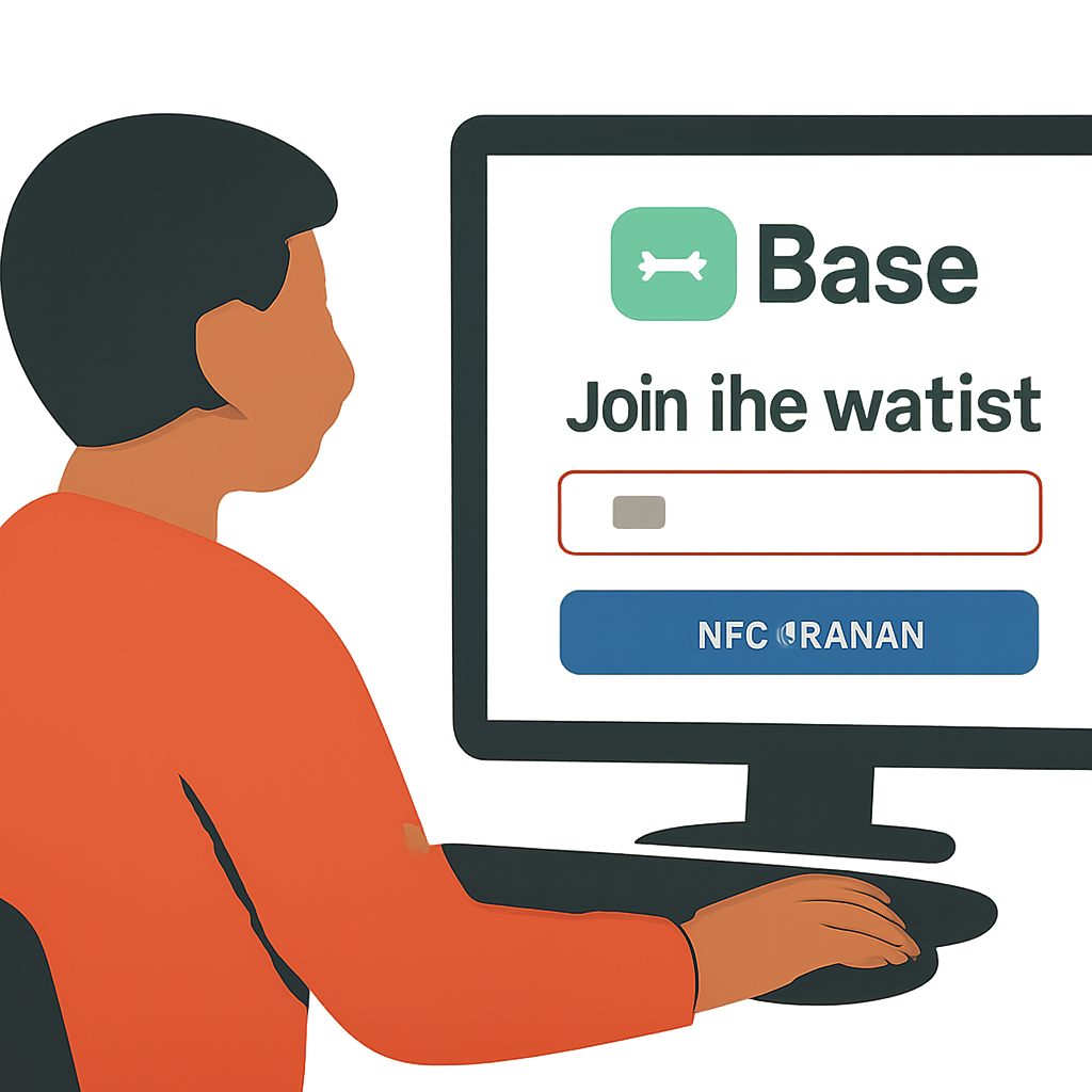 A person sitting at a computer, entering their email on a modern app waitlist page with the Base App logo visible.