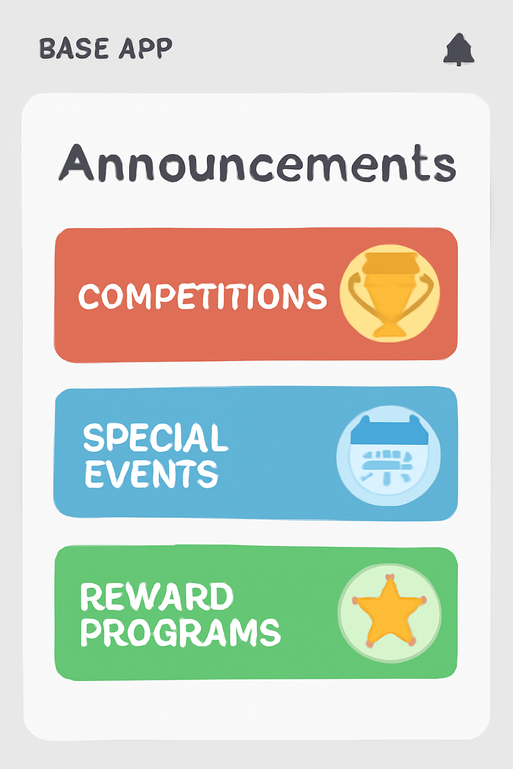 A digital announcement board with banners for competitions, special events, and reward programs on the Base App interface.