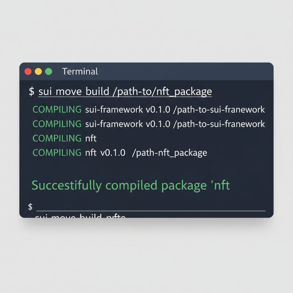 terminal window running sui move build command successfully compiling NFT package