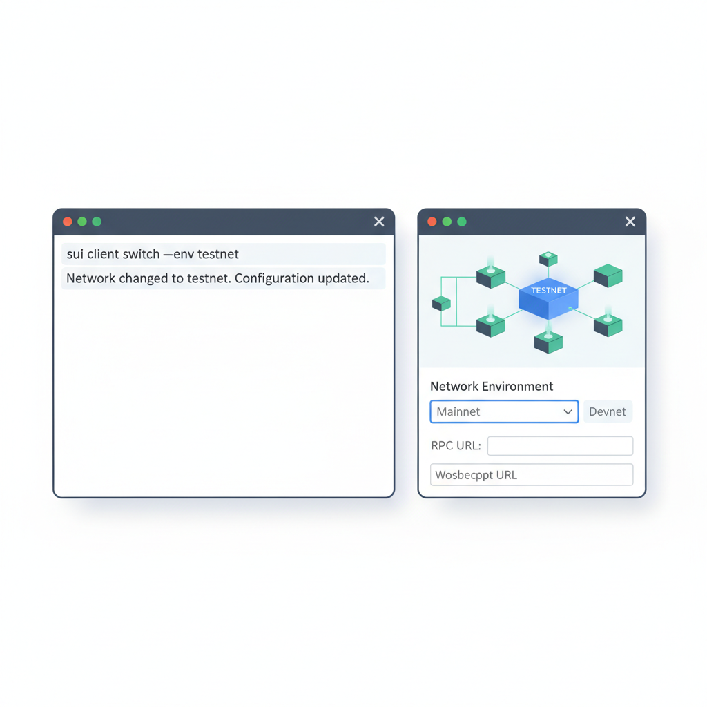 Sui CLI terminal switching to testnet, network config screen, blockchain dev illustration