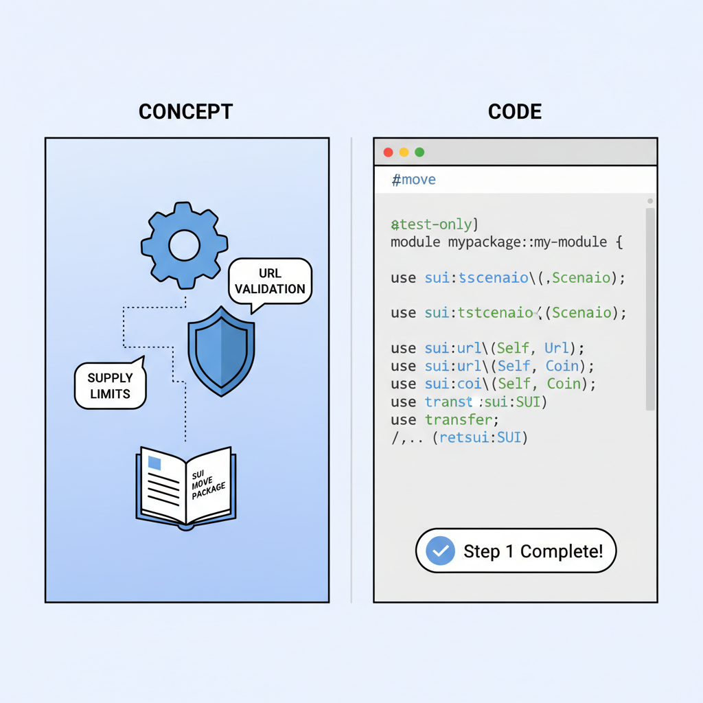 Sui Move test code for supply limits and URL validation