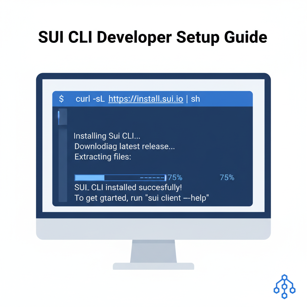 terminal command line installing Sui CLI, developer setup screen, clean tech style