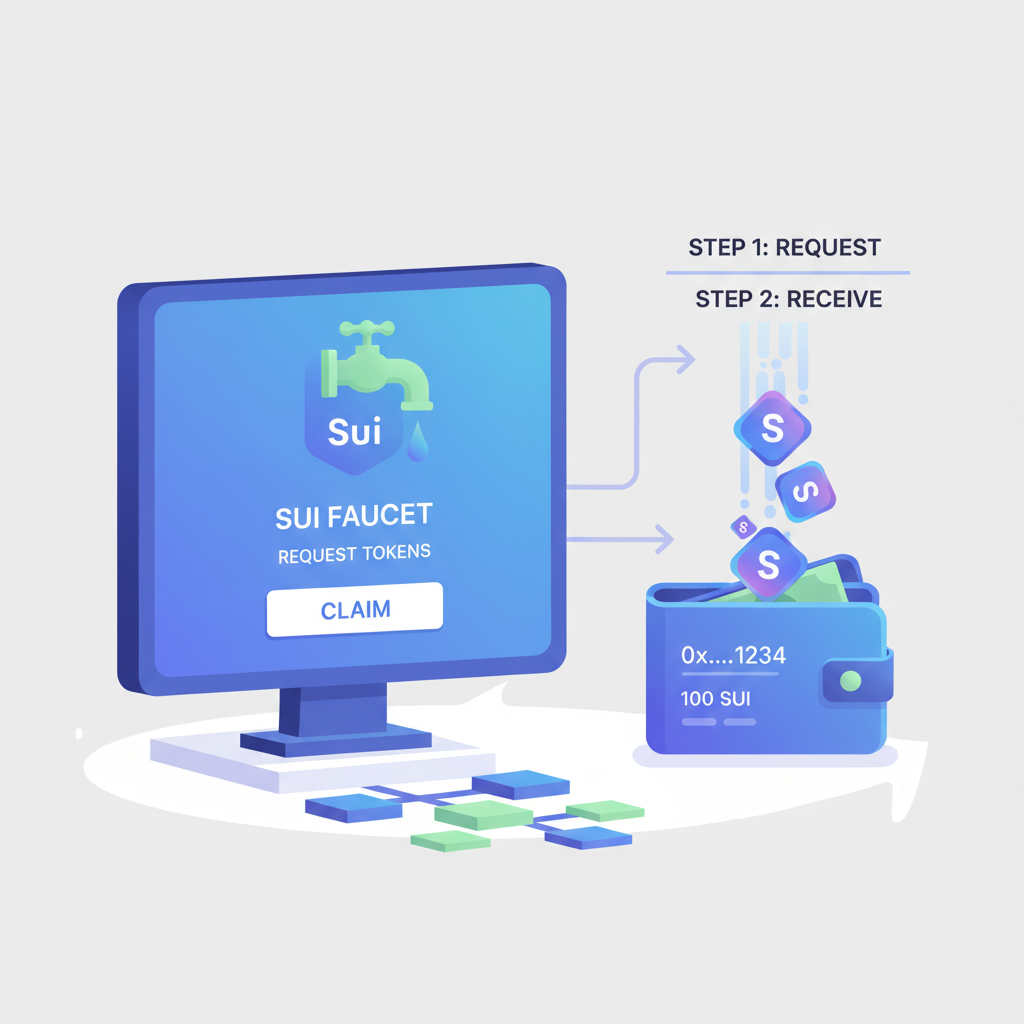 Sui faucet token request terminal, dripping coins into wallet, blockchain faucet graphic