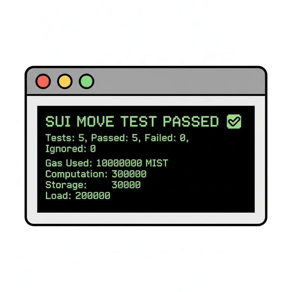 terminal output of sui move test passing with gas stats