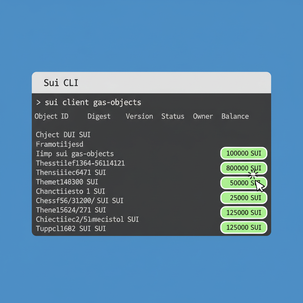 Sui CLI terminal listing gas objects with balances highlighted