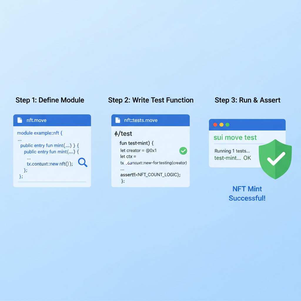 Sui Move code snippet testing NFT mint with assertions