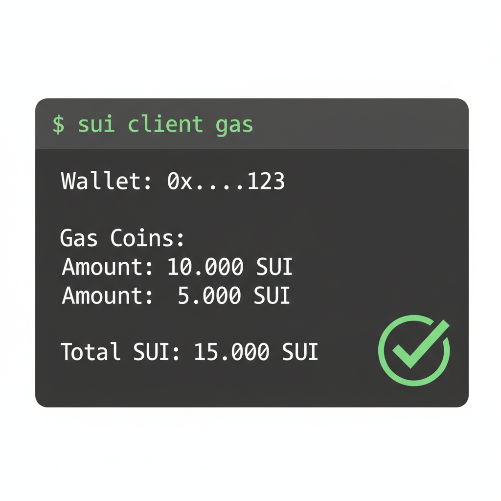Sui CLI balance check terminal output, wallet with SUI tokens, green checkmark success