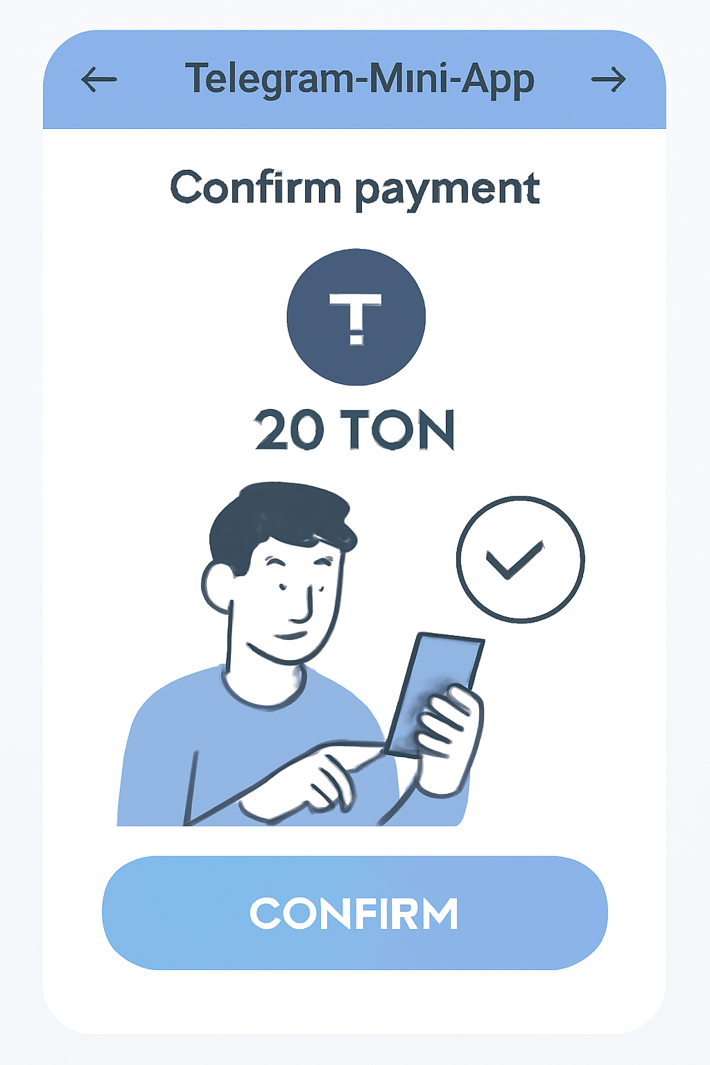 A user confirming a payment with Toncoin inside a Telegram Mini-App, showing a simple payment confirmation screen