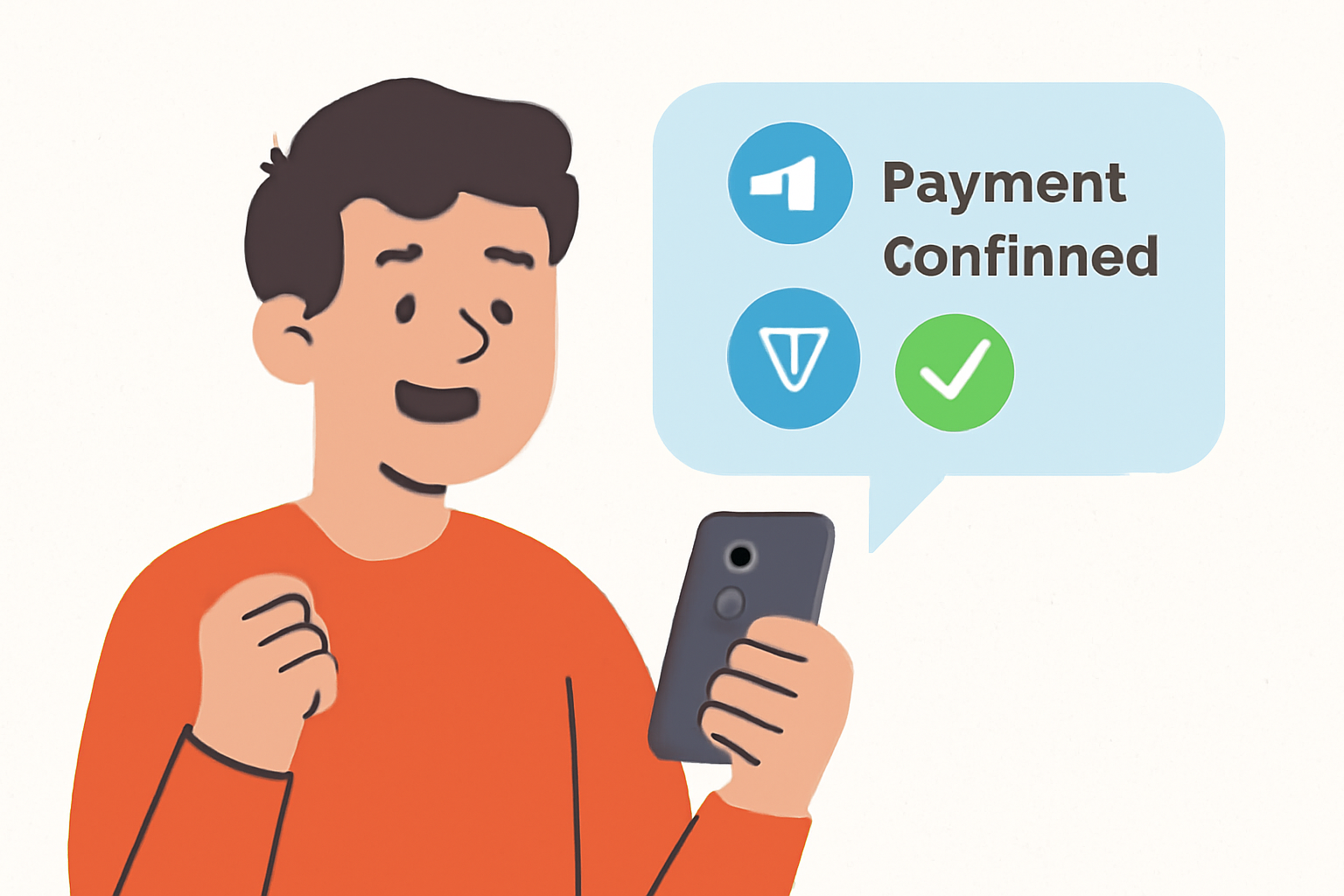 A cheerful user receiving a payment confirmation notification in Telegram, with a checkmark and Toncoin logo