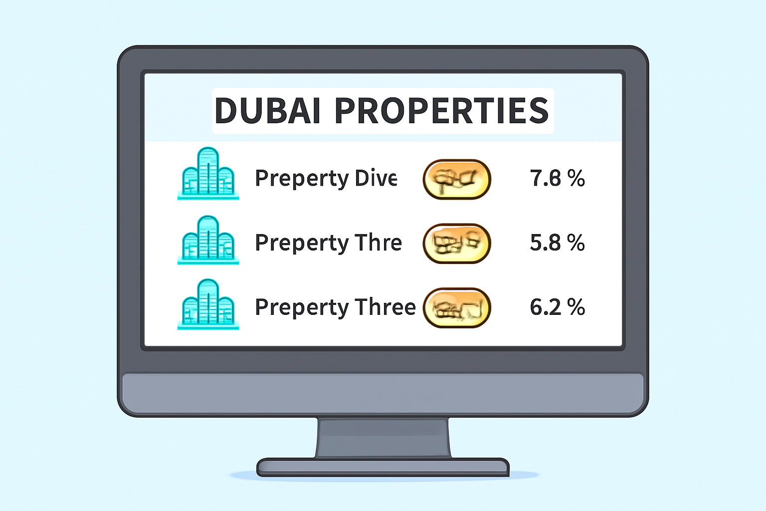 A computer screen displaying a list of Dubai properties with fractional ownership tokens and yield percentages.