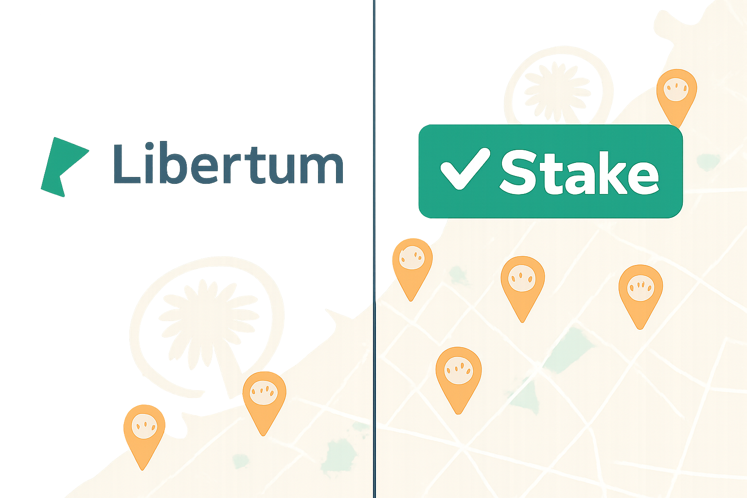 A split-screen image showing the Libertum and Stake logos over a digital map of Dubai with real estate icons.