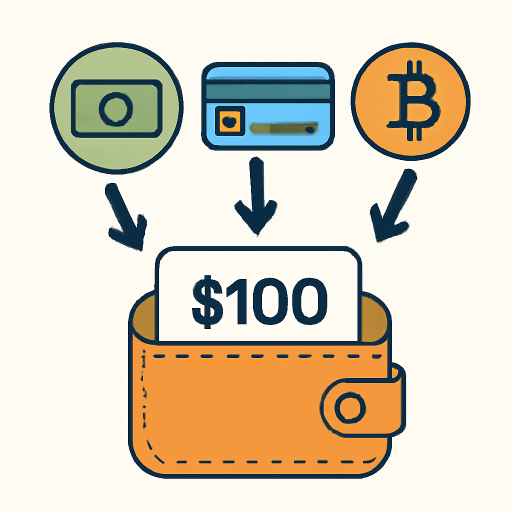 A digital wallet being funded with cash, credit card, and crypto icons, showing $100 highlighted.