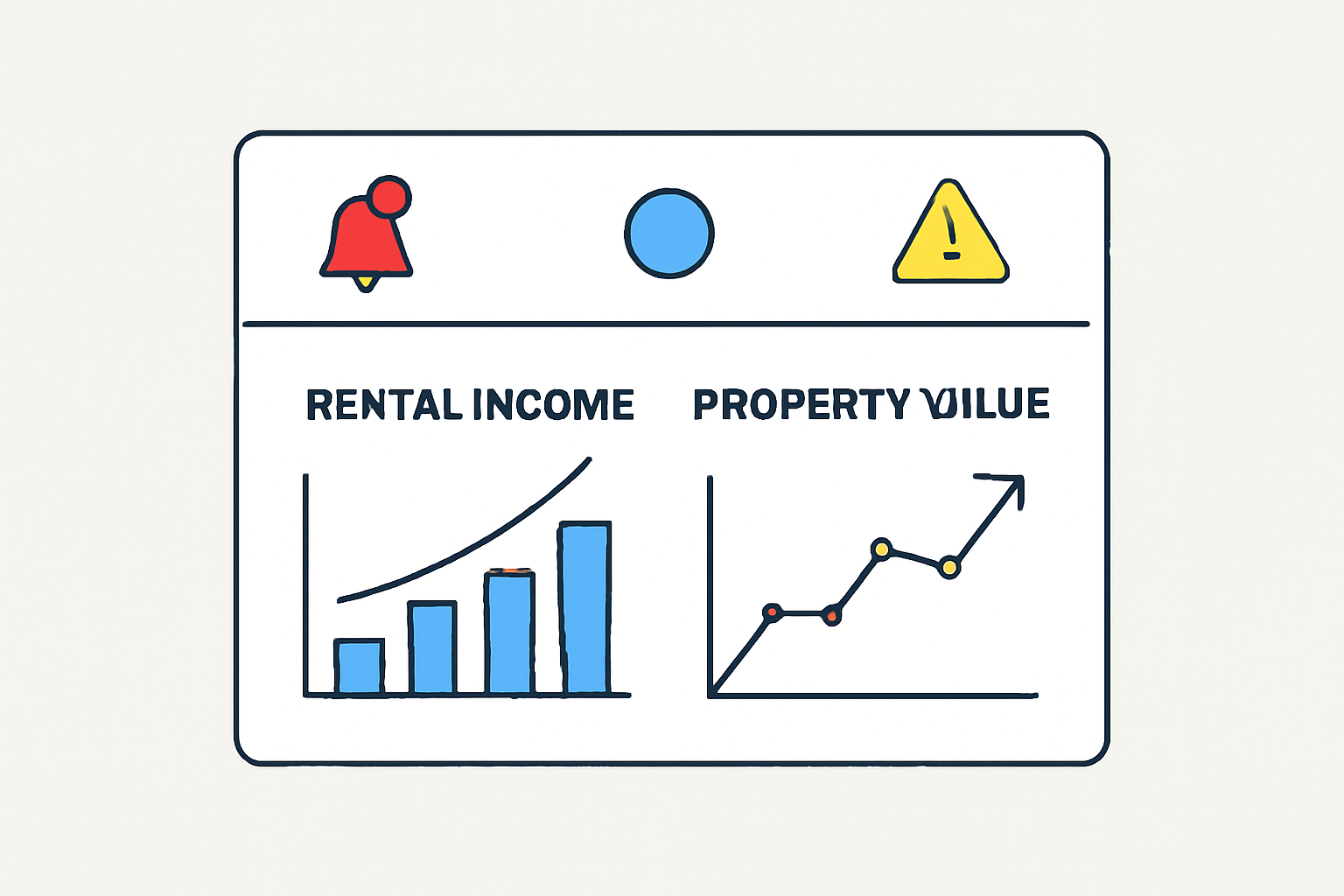 A dashboard with graphs showing rental income and property value growth, with notification icons.