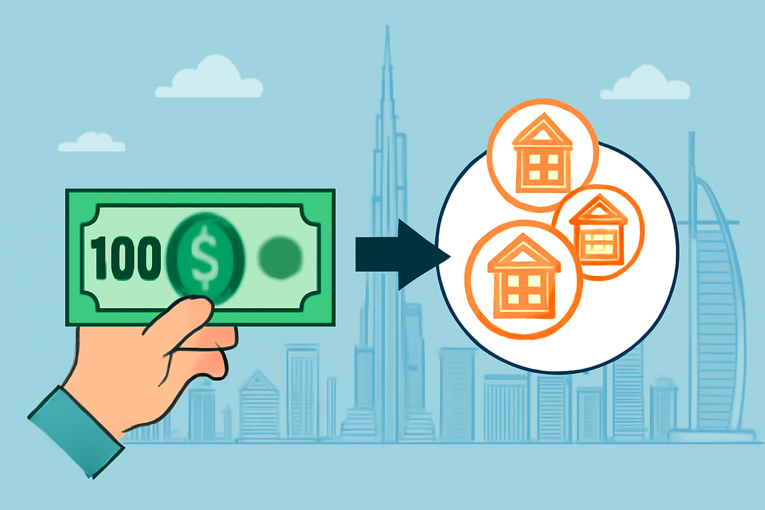 A digital transaction showing $100 being exchanged for property tokens, with a Dubai skyline in the background.