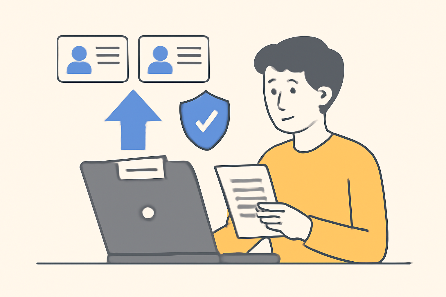A person uploading documents on a laptop, with digital ID icons and a secure shield symbol.
