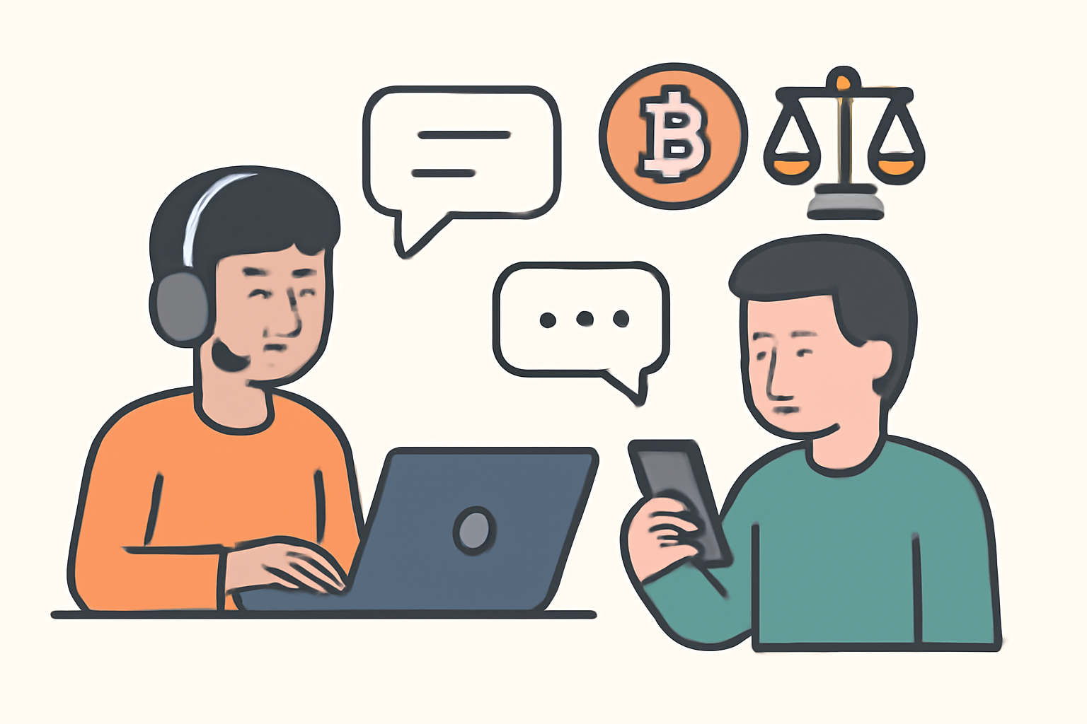 A support agent assisting a crypto user via chat, with legal and regulatory symbols indicating official processes